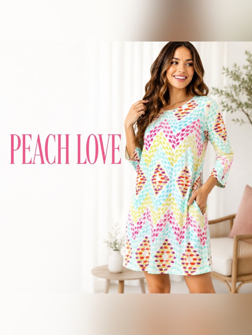 Peach Love California Colorful Chevron Shift Dress Medium Made USA #1941